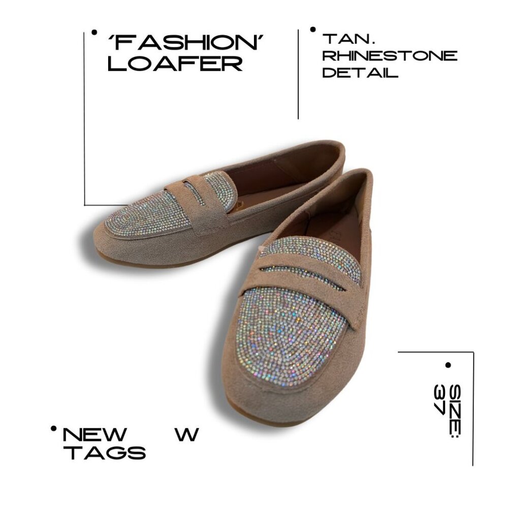 Coquette Tan Rhinestone Loafers NWT Size 37 Sparkle Event Flats